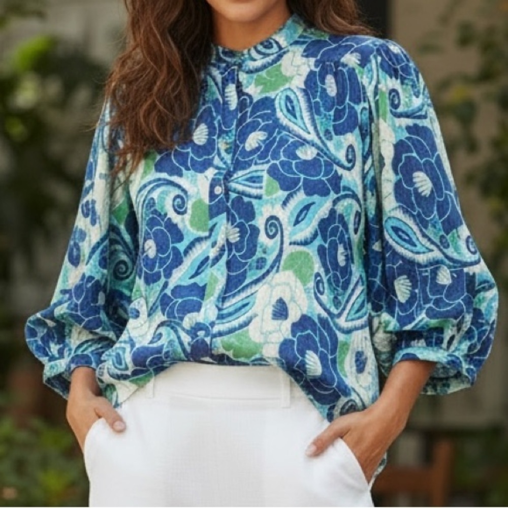 Nicole Miller Blue Green Floral Paisley Print Bishop Sleeve Button Front Top